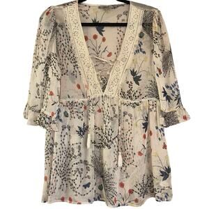 Miss Me Sheer Floral Peasant Blouse Womens S Floral Western Preppy Casual Spring